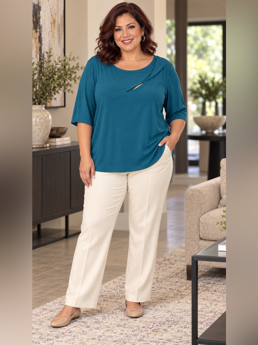 Nina Leonard 2X Teal Asymmetrical Draped Neck Stretch Top